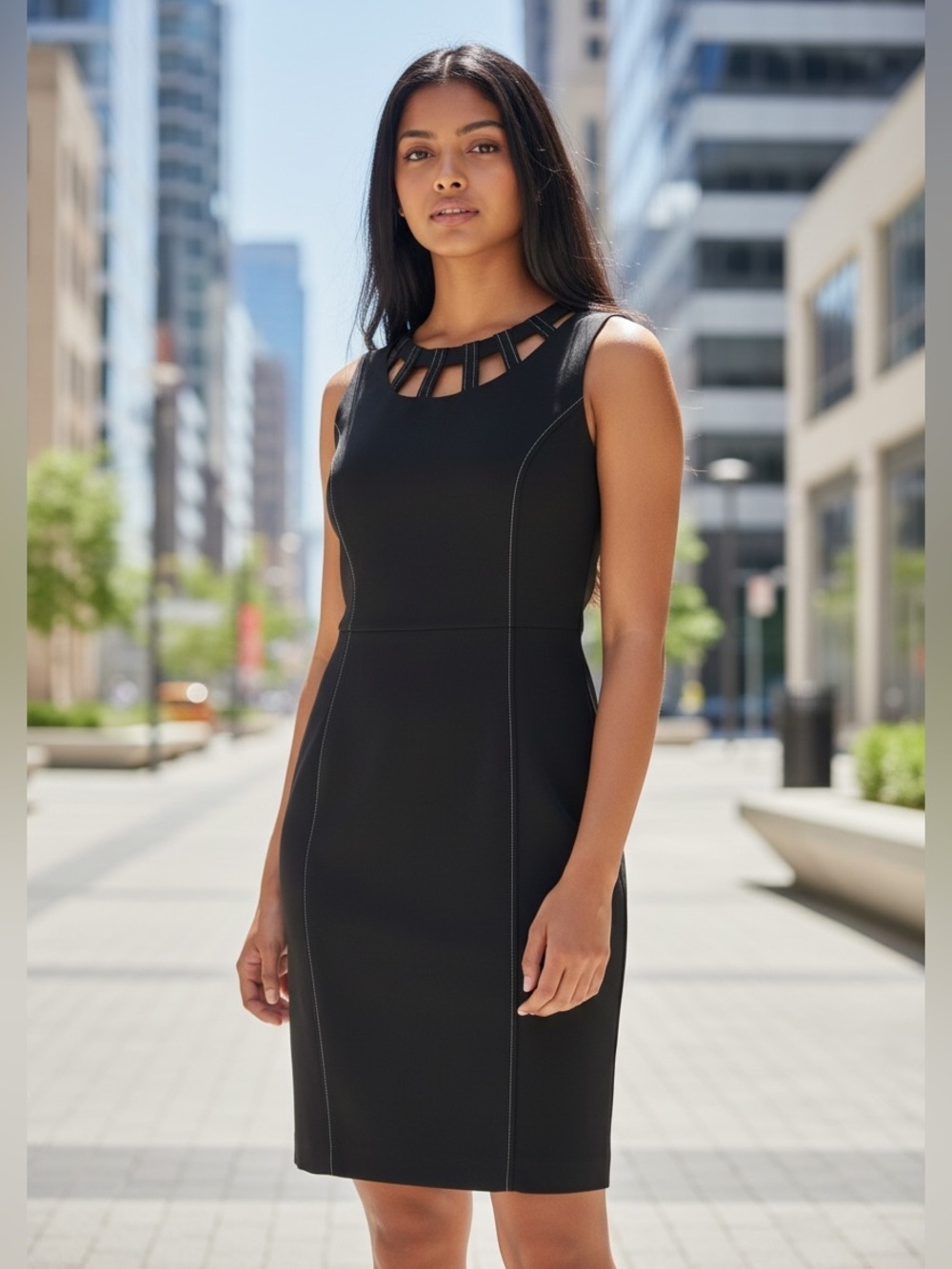 DAVID MEISTER shift dress, black with white topstitching,neckline embellishment